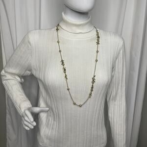 Ann Taylor necklace long gold tone faux off white pearls classic signed jewelry